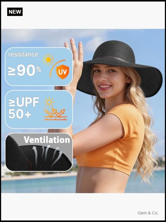 UPF 50+ Wide Brim Straw Sun Hat for Women, Adjustable Beach Hat main image 6